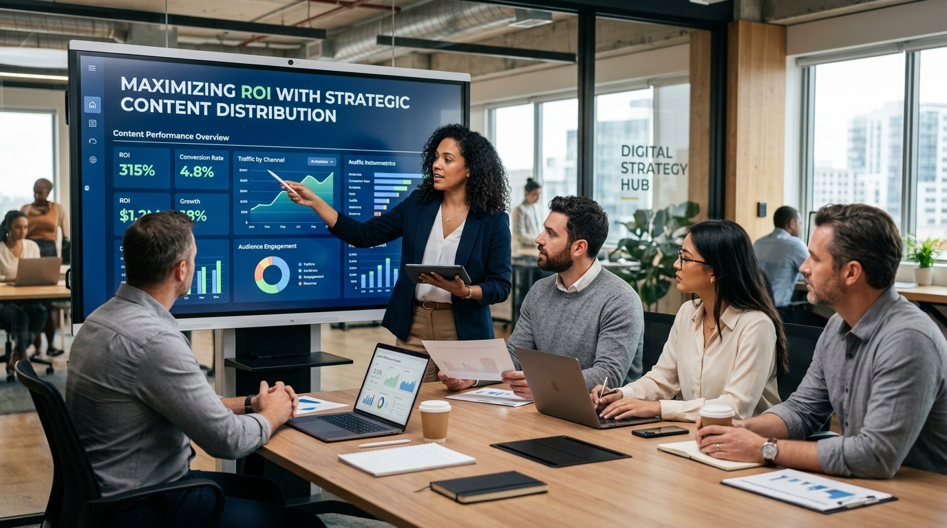 Marketing team analyzing content distribution metrics