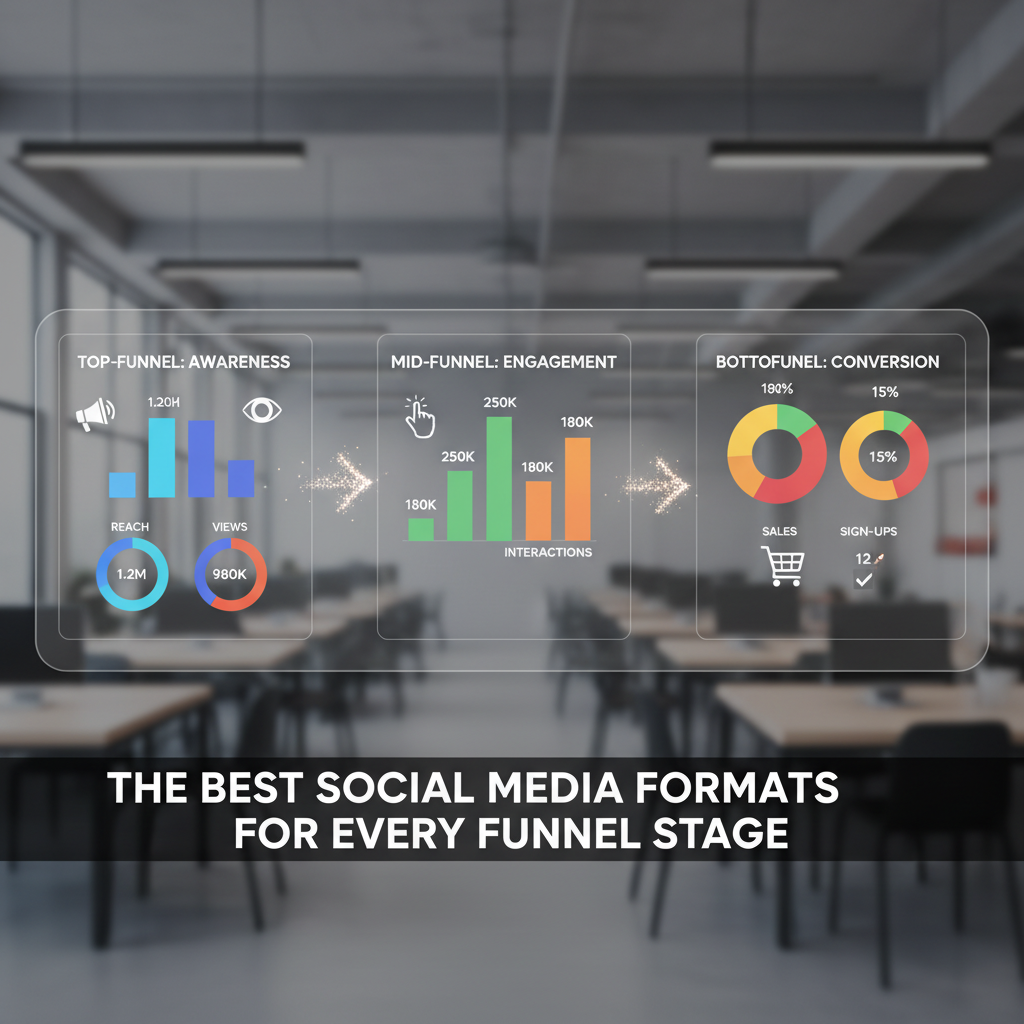 Analytics dashboard tracking social media content from awareness to conversion