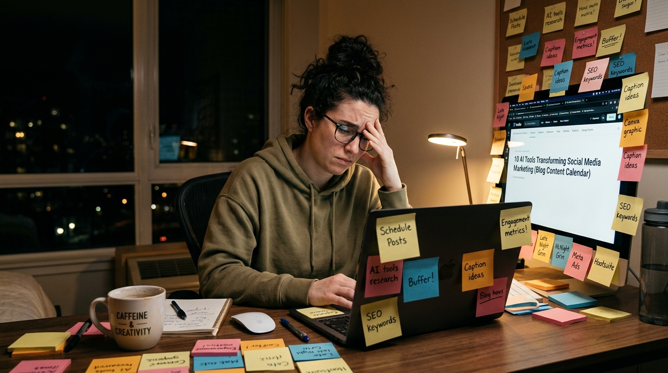 A social media manager experiencing the 3am content panic before adopting AI marketing tools