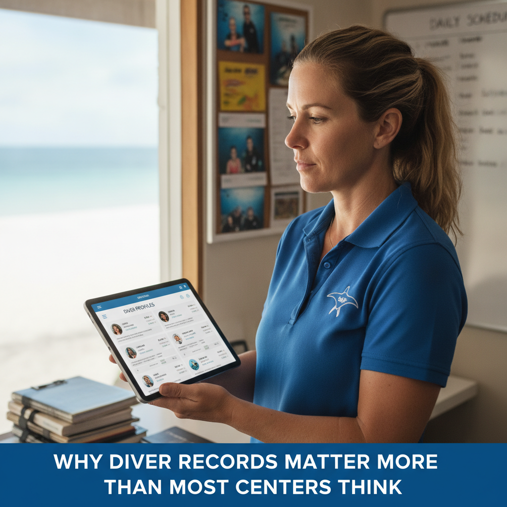 Dive center staff using digital management software on a tablet