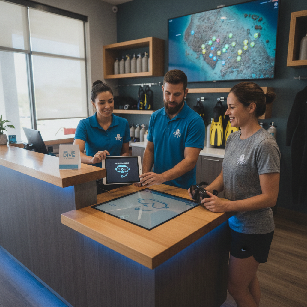 A smiling dive shop employee using a tablet to check in a scuba diver