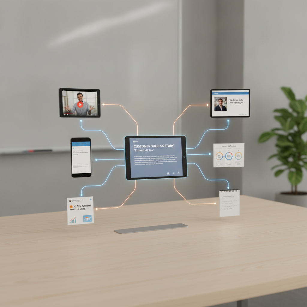 Diagram showing one case study branching into multiple content formats