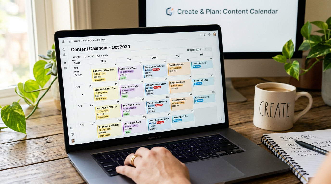 A colorful digital content calendar displayed on a tablet