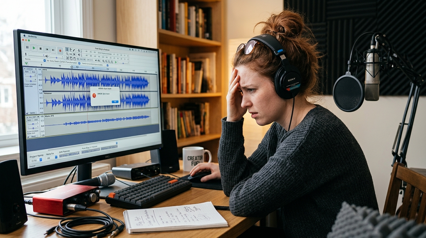 Content creator struggling with podcast audio editing mistakes