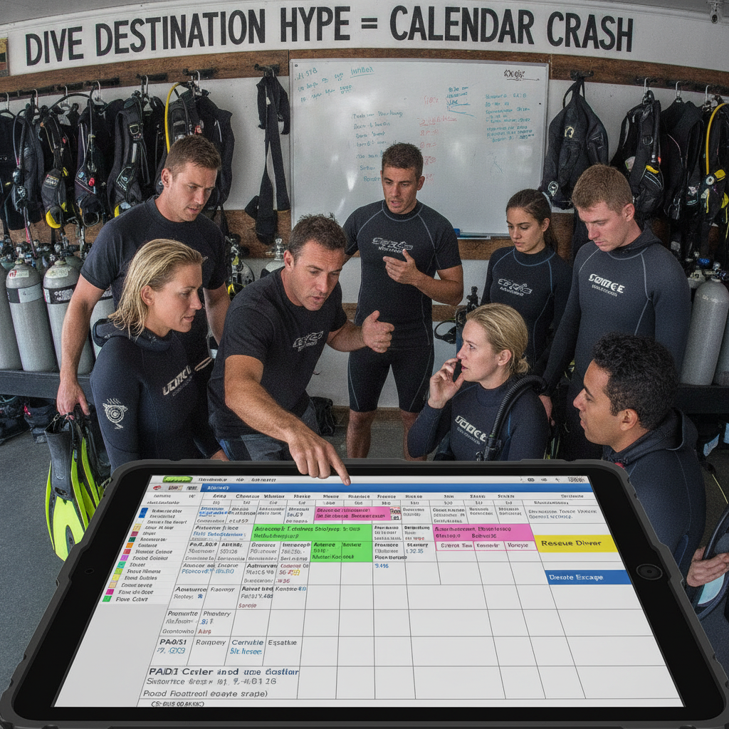 Dive center staff managing a surge of students using digital software