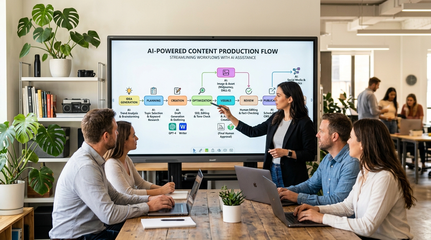 Step by step AI content production workflow diagram