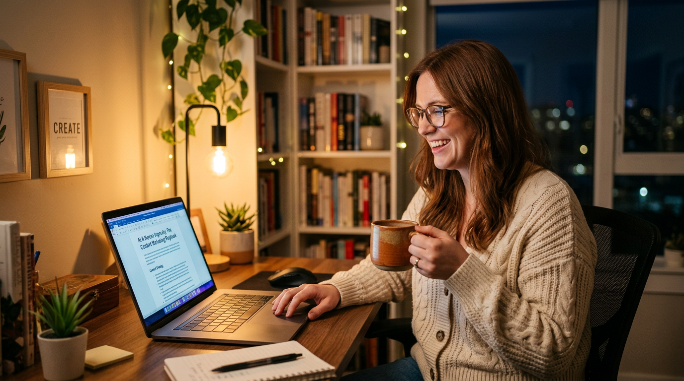 A relaxed marketer managing social media content efficiently