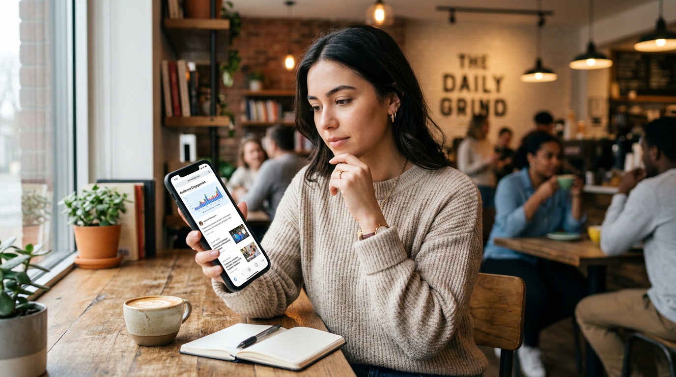 Creator analyzing social media engagement on a smartphone