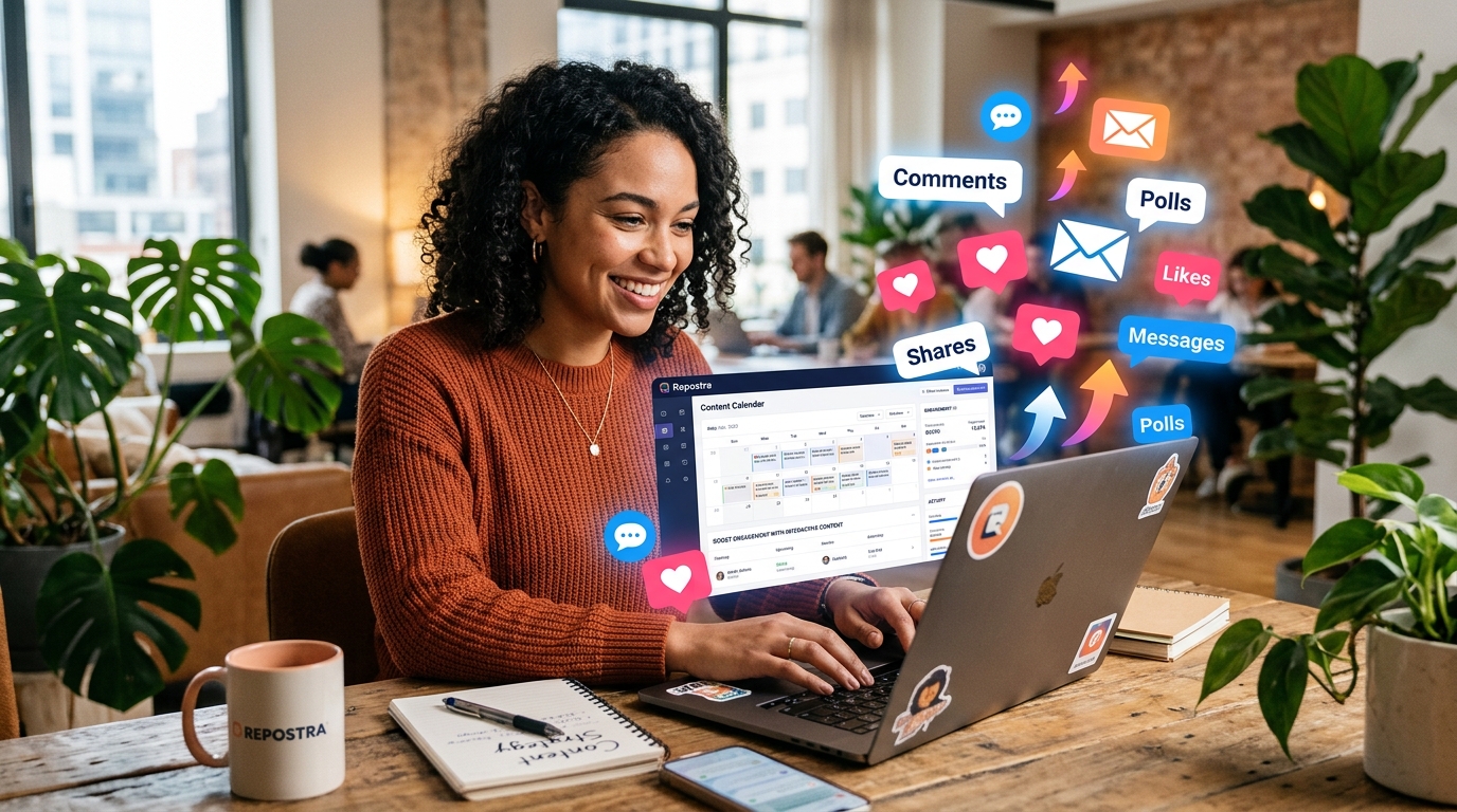 Social media manager actively responding to community comments and curating content