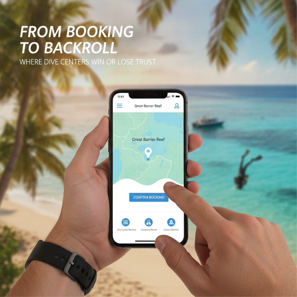Diver using dive center software on mobile phone to book a trip