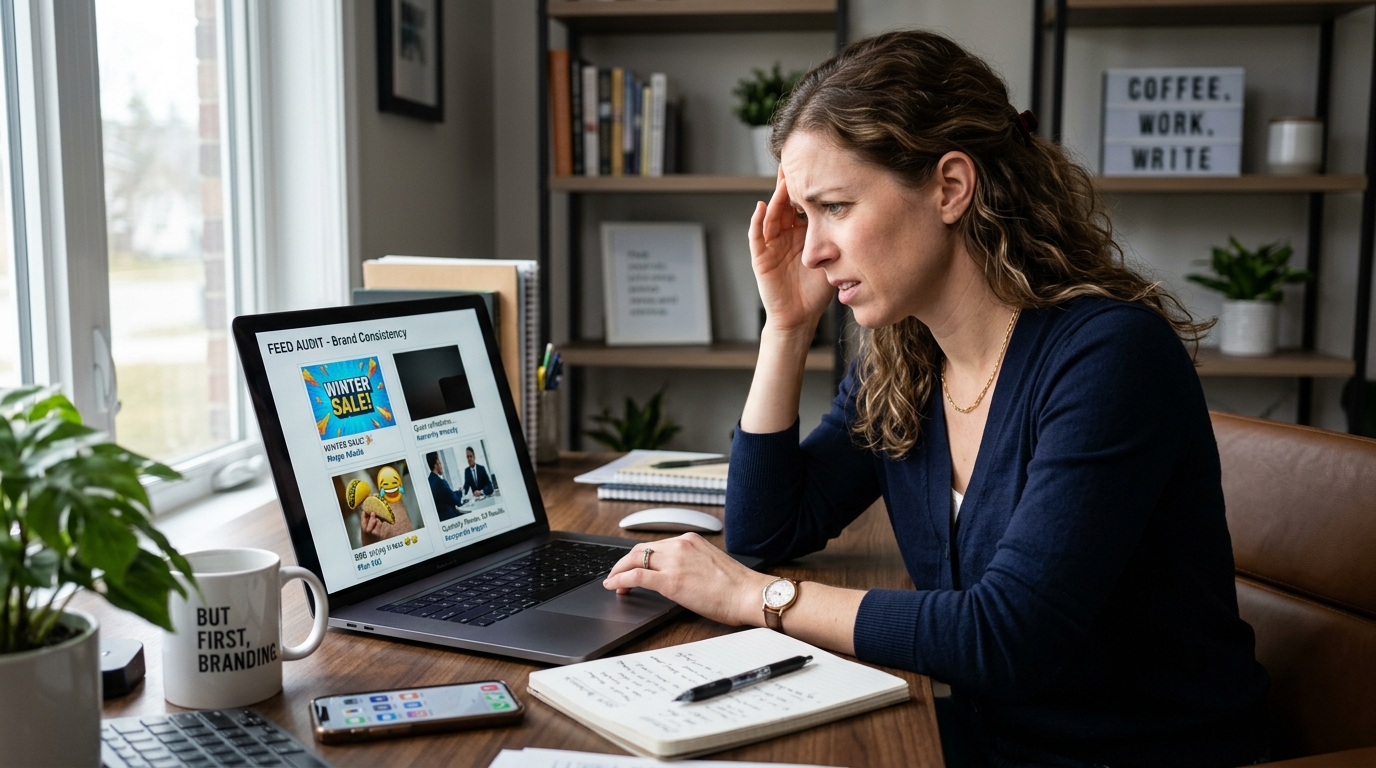 Social media manager looking frustrated at laptop screen