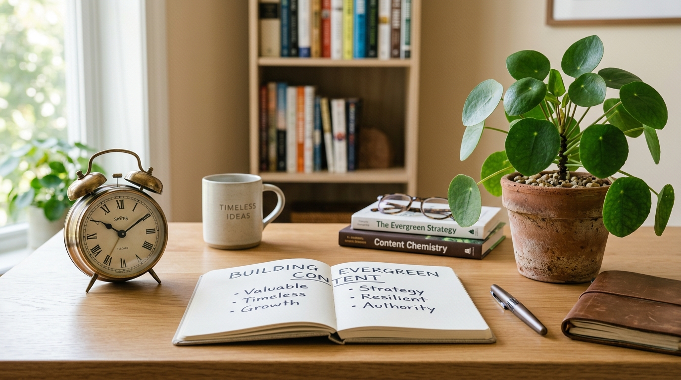 Desk with clock and notebook representing evergreen content