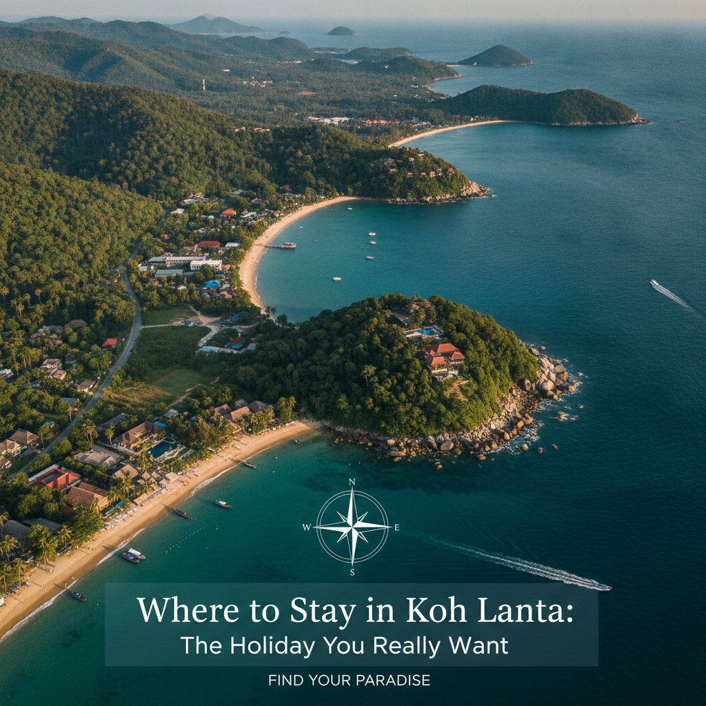 Aerial view of the long west coast beaches of Koh Lanta, Thailand