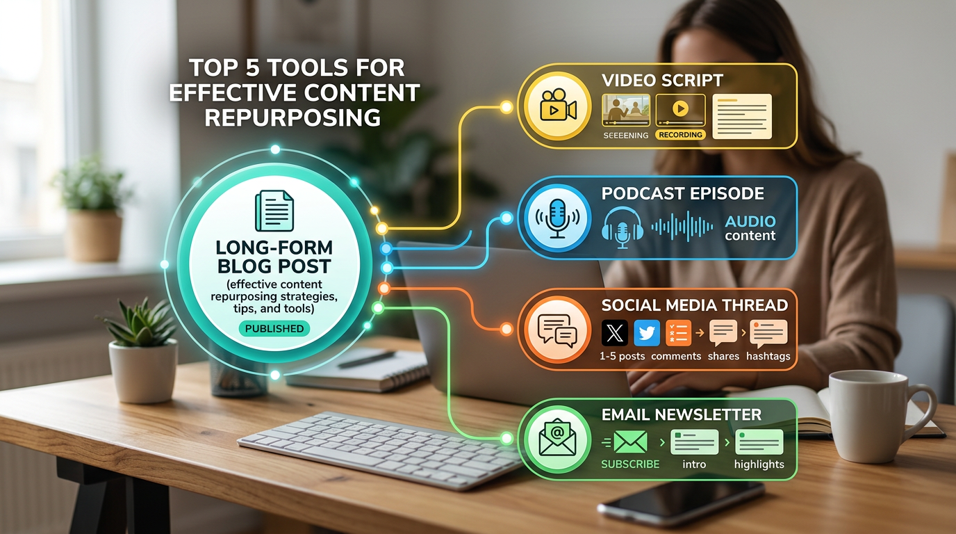 Infographic demonstrating the 5-to-1 content repurposing strategy