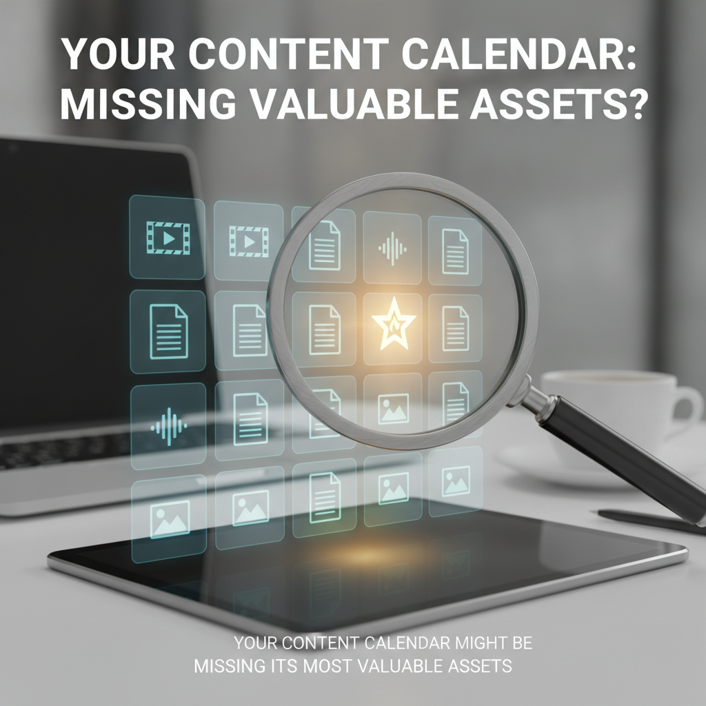Illustration of auditing existing content assets to find high-performing pieces for repurposing.