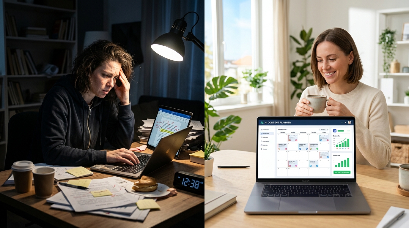 Traditional stressful content workflow versus automated social media management