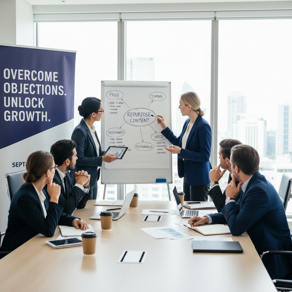 Sales and marketing professionals mapping out buyer concerns on a whiteboard
