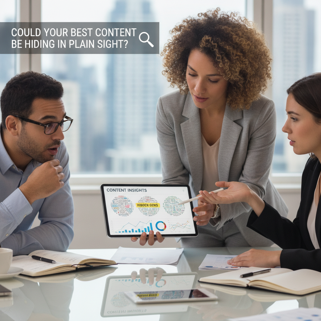 Marketers auditing content performance data to find repurposing opportunities