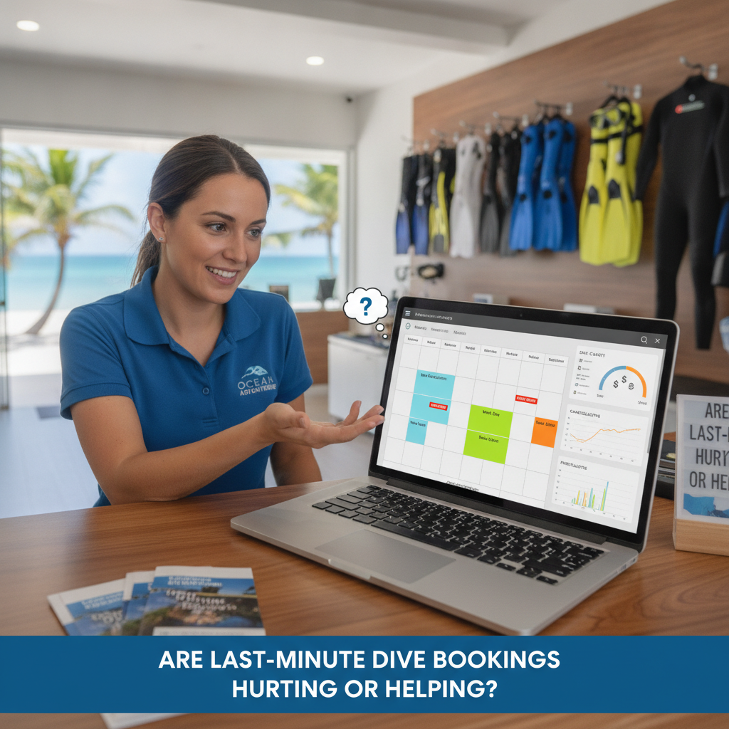 Staff member viewing dive center software dashboard on a laptop at the front desk
