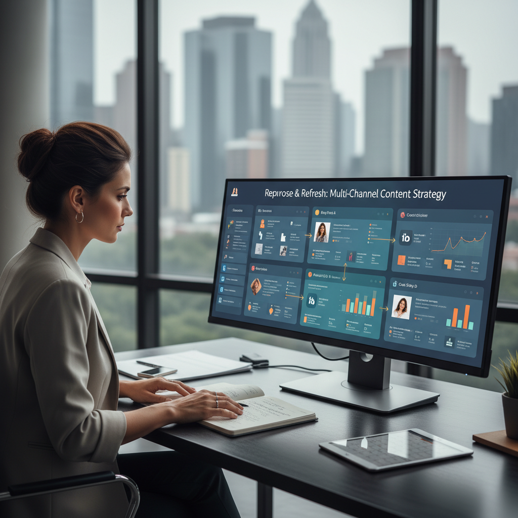 A laptop screen showing various platform-native content formats like carousels, short videos, and infographics