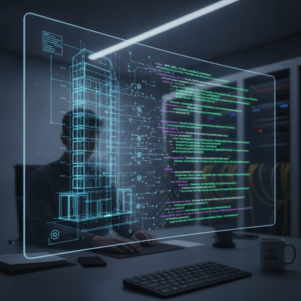 Illustration of a blueprint wireframe blending into a clean, structured code editor interface