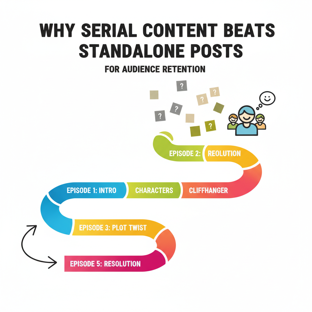 Illustration showing the transition from scattered content to an organized episodic content series