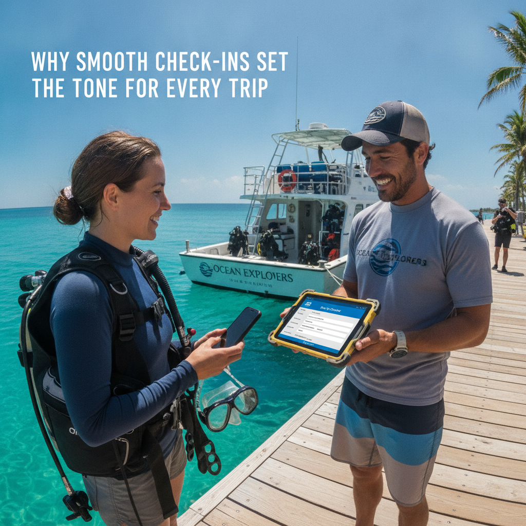 Dive center staff using a tablet for smooth check-ins on the dock