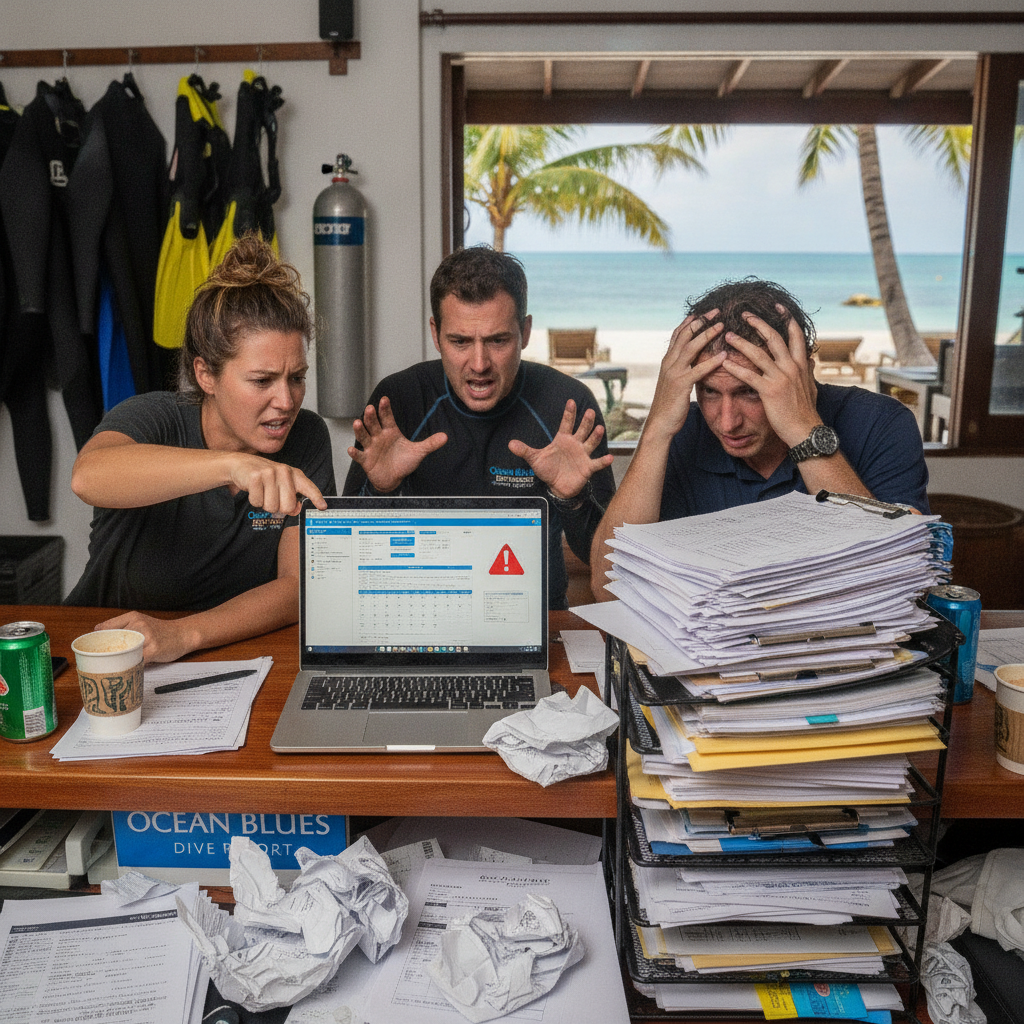 Dive center staff managing chaotic paperwork before a morning boat trip