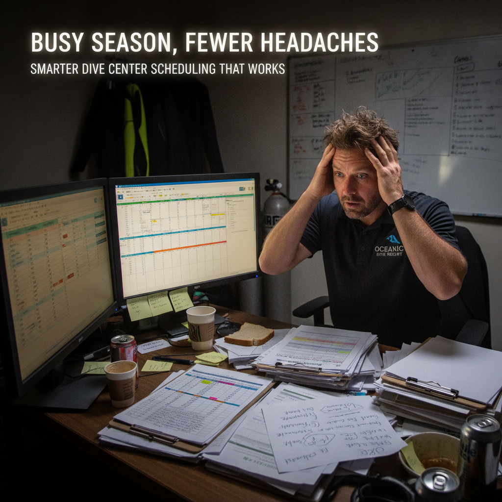 Overwhelmed dive instructor dealing with paper schedules