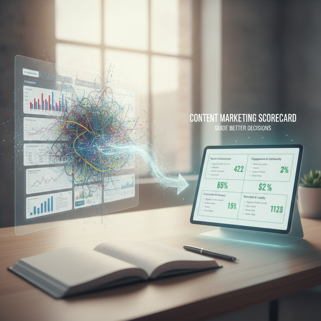 Concept visualization of complex content marketing analytics becoming a clear scorecard
