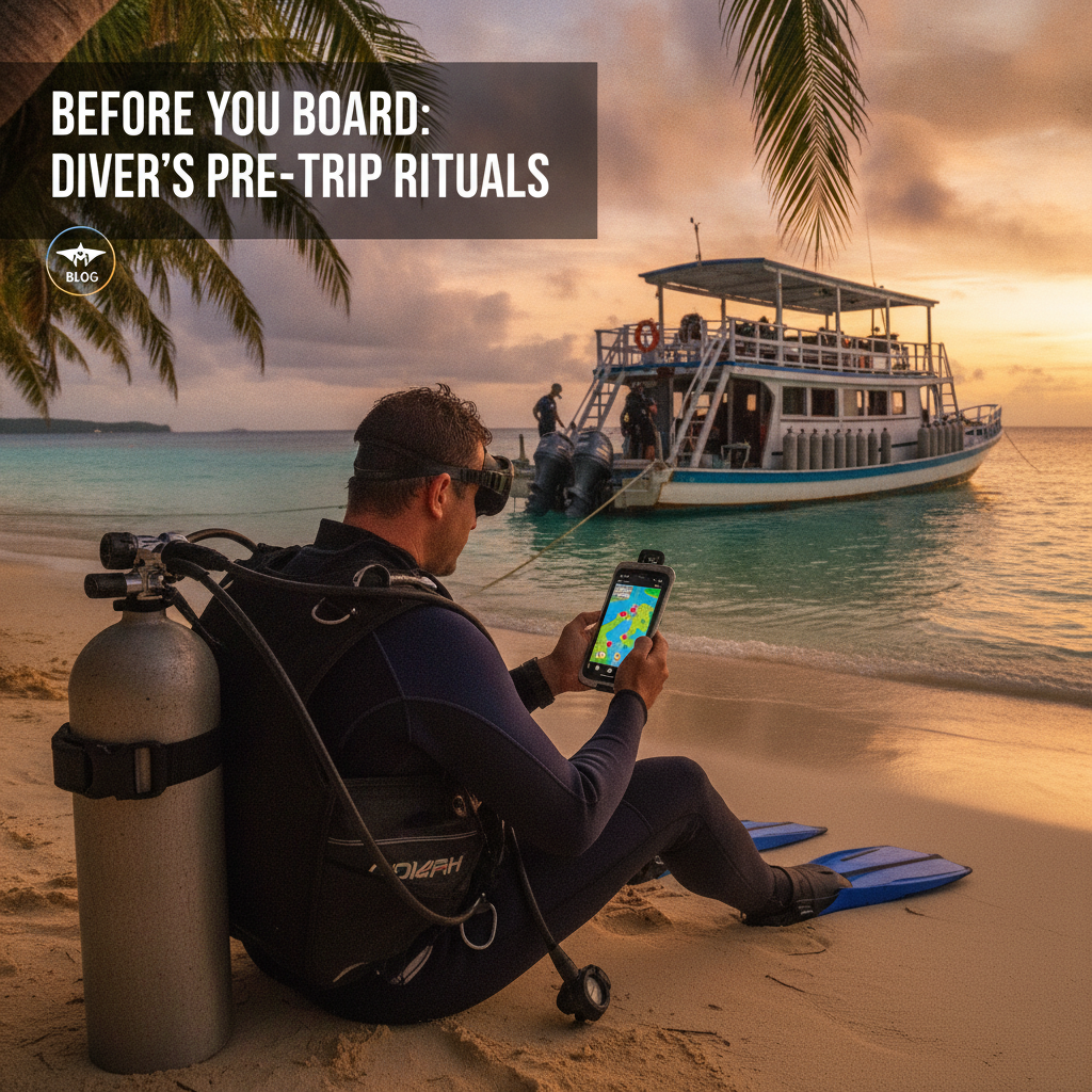 Diver booking a scuba trip on a mobile phone near the ocean