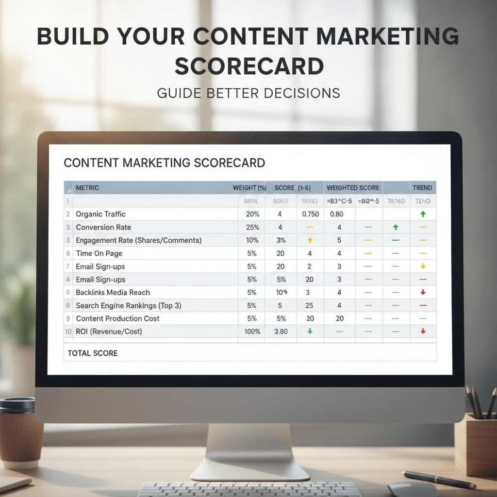 Example of a weighted content scorecard spreadsheet with publish, improve, and retire columns