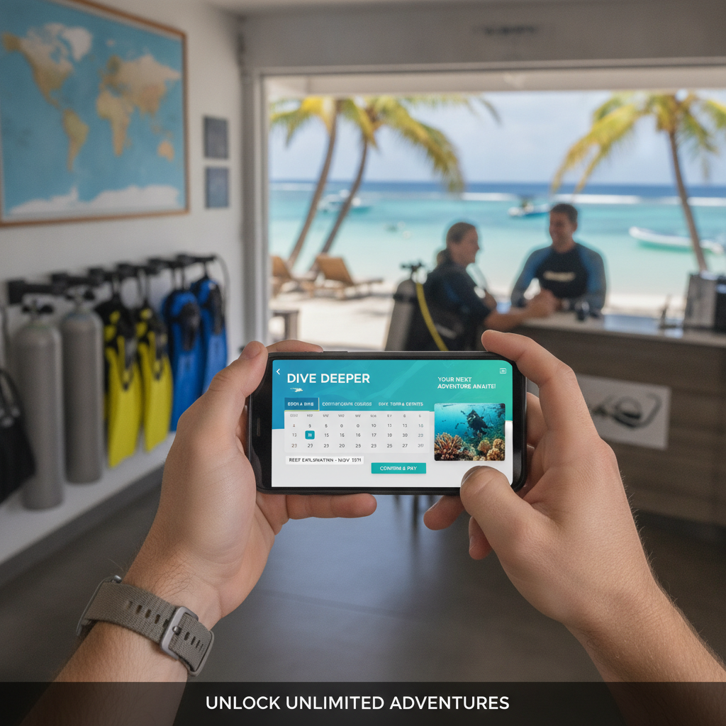 Close-up of a diver using mobile dive center software to book their next trip