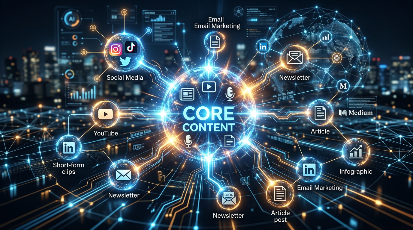 Abstract visualization of cornerstone content breaking into smaller pieces