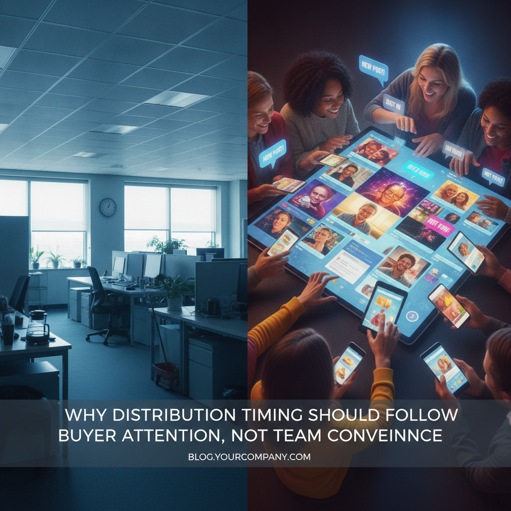Split screen comparing an empty office to an active digital audience scrolling social media feeds