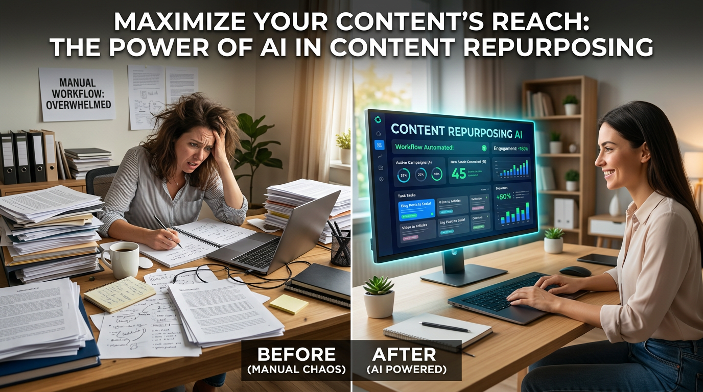 Visual representation of chaotic traditional marketing versus streamlined AI workflow
