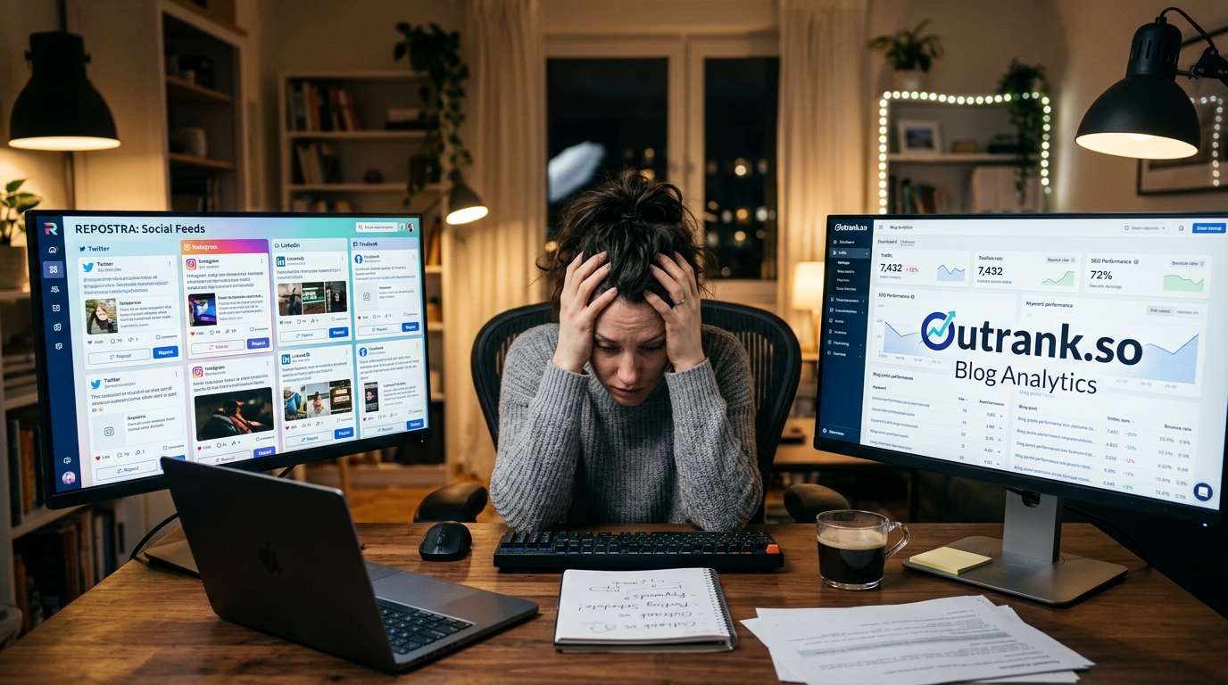 Stressed marketer looking at social media and SEO analytics