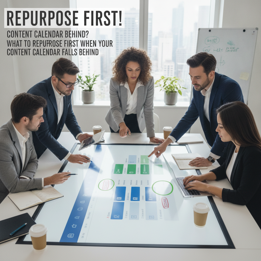 Marketing professionals reviewing content strategy on a digital board