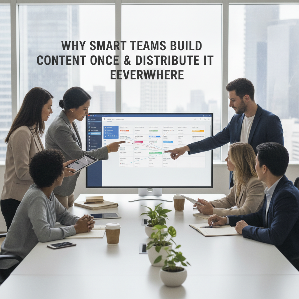 Marketing professionals reviewing a multi-channel content strategy on a digital screen