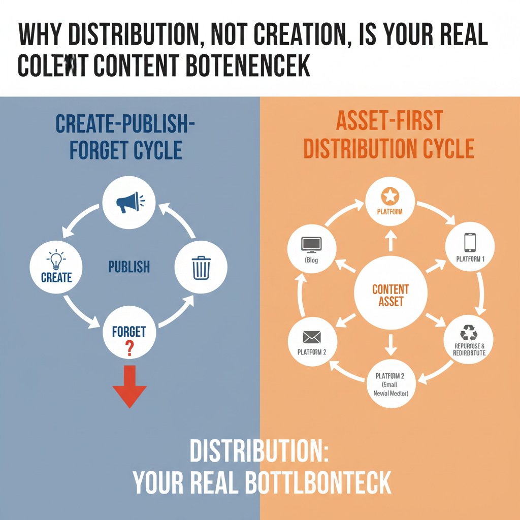 Flowchart comparing the broken content cycle with an effective distribution loop