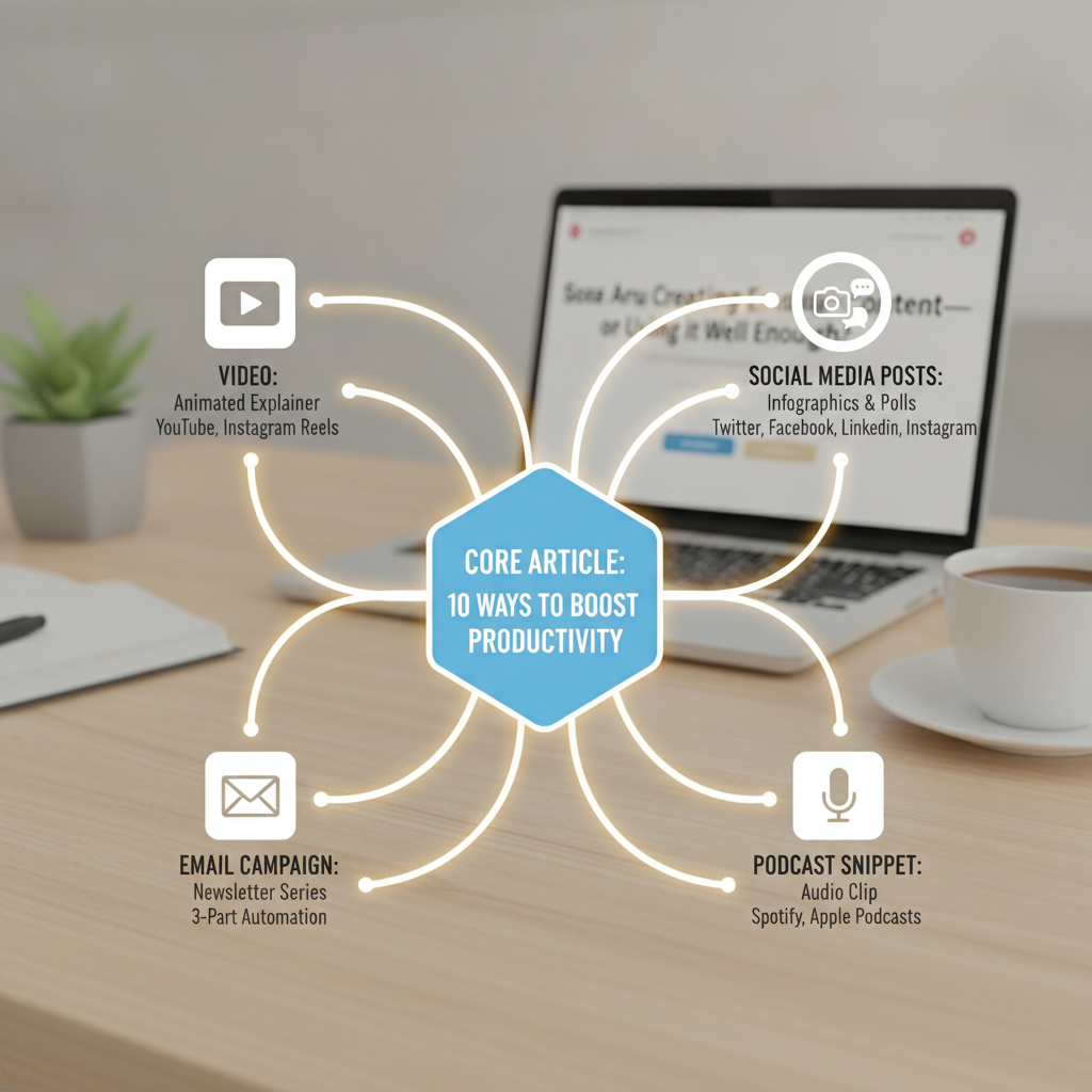 Diagram showing one core asset transforming into 10 different content formats