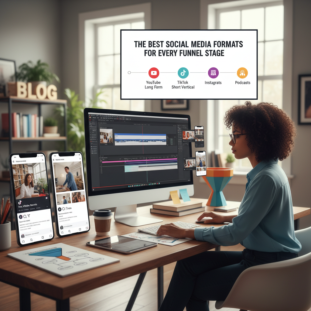 Content creator editing short-form video on a smartphone for awareness stage marketing