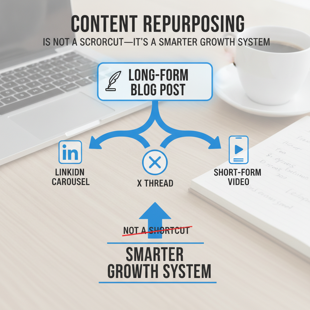 Flowchart illustrating a content repurposing workflow from core asset to multiple platforms