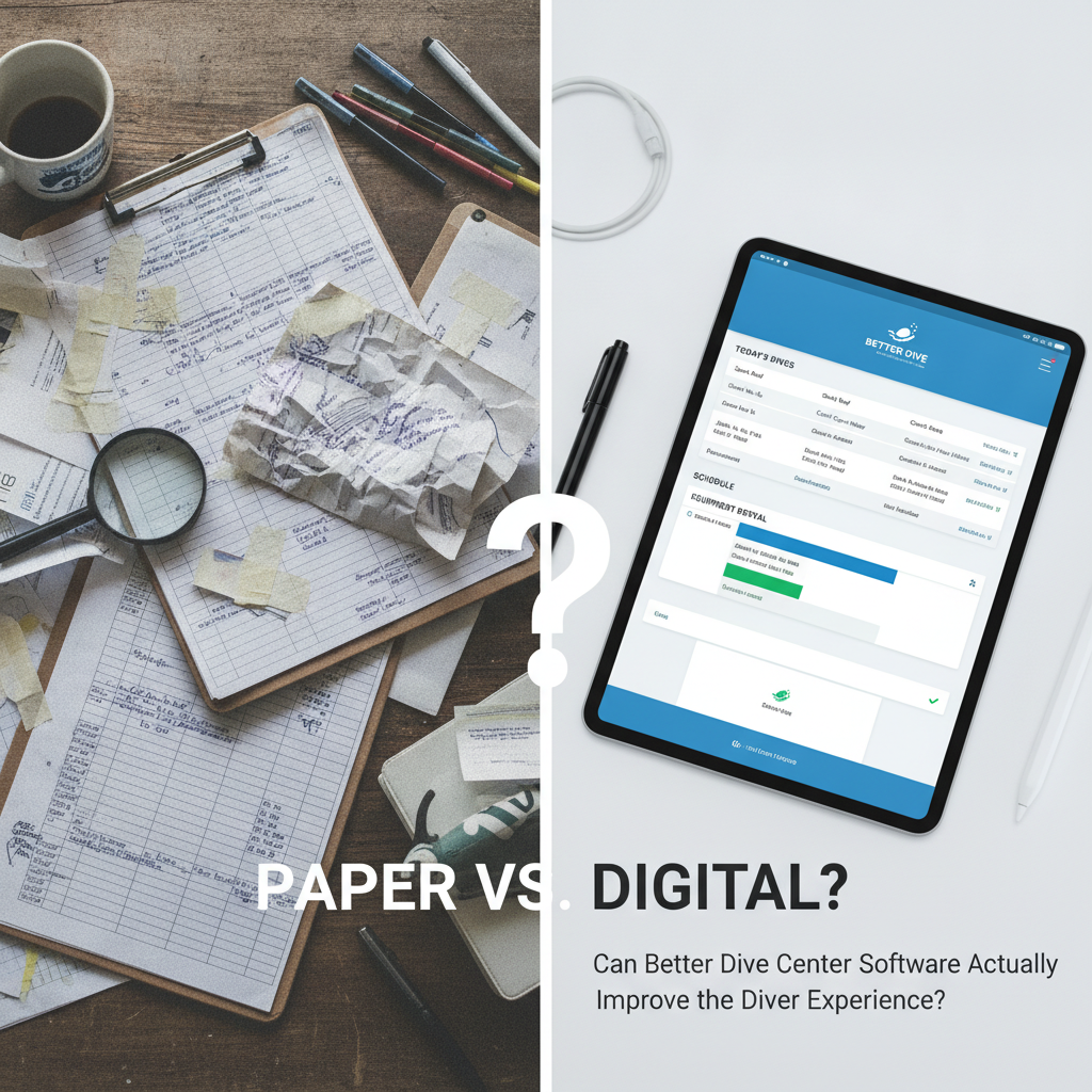 Comparison between paper-based dive center management and modern digital software dashboard