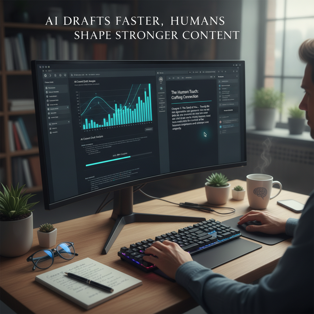 Content marketer using a human-in-the-loop AI strategy on a computer screen