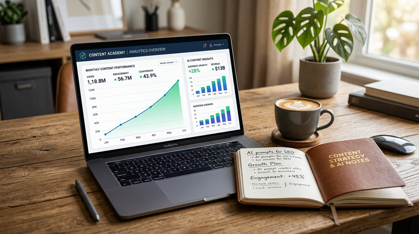 Analytics dashboard showing social media growth alongside a notebook and coffee